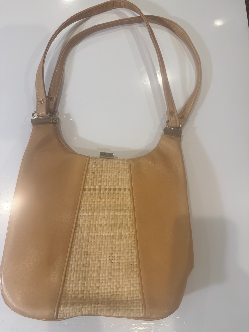 Classic Tan Woven-Panel Shoulder Bag